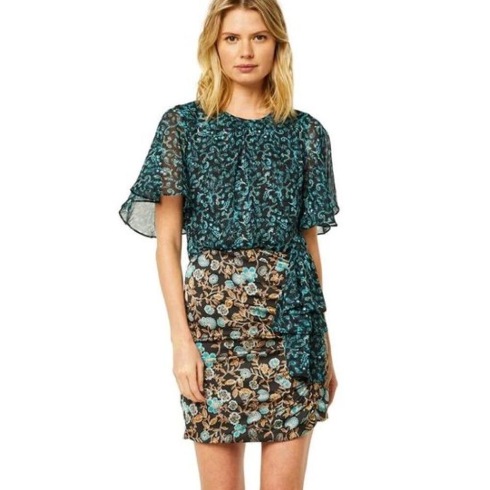 MISA Los Angeles Talia Floral Mini Dress - Goldleaf/Teal Shimmer - Size S